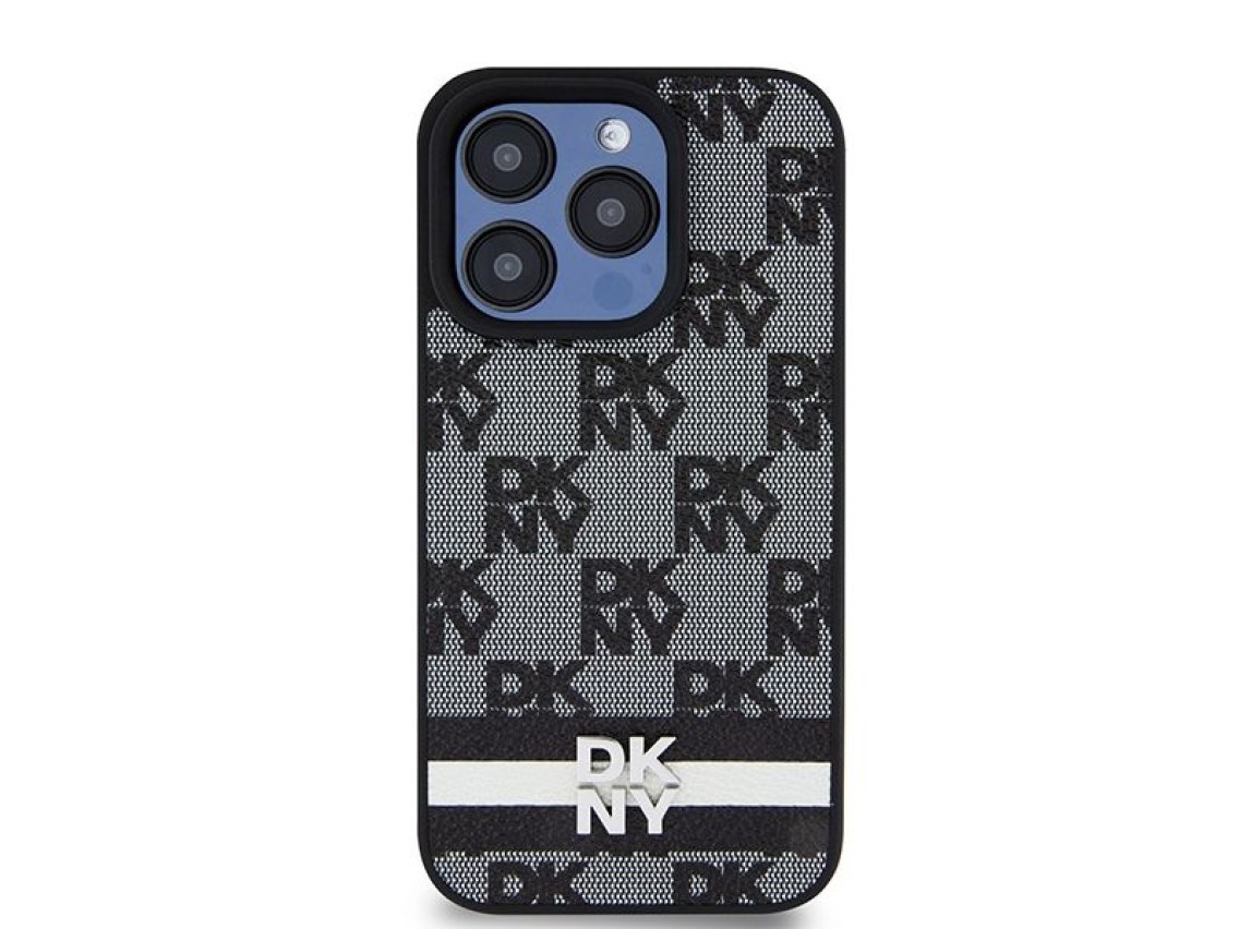 Capa DKNY para iPhone 15 Pro em couro com estampa xadrez monocromática e listras - Preta