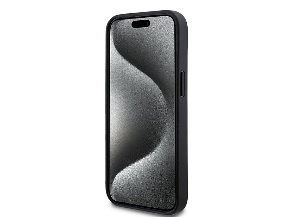 DKNY Leather Checkered Mono Pattern & Printed Stripes Case for iPhone 15 Plus / 14 Plus - Black