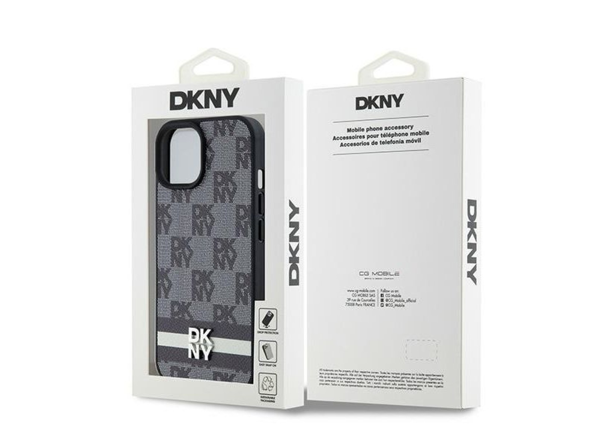 DKNY Leather Checkered Mono Pattern & Printed Stripes Case for iPhone 15 Plus / 14 Plus - Black
