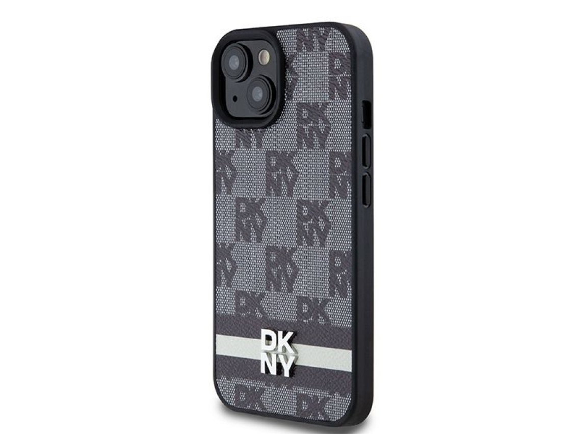DKNY Leather Checkered Mono Pattern & Printed Stripes Case for iPhone 15 Plus / 14 Plus - Black