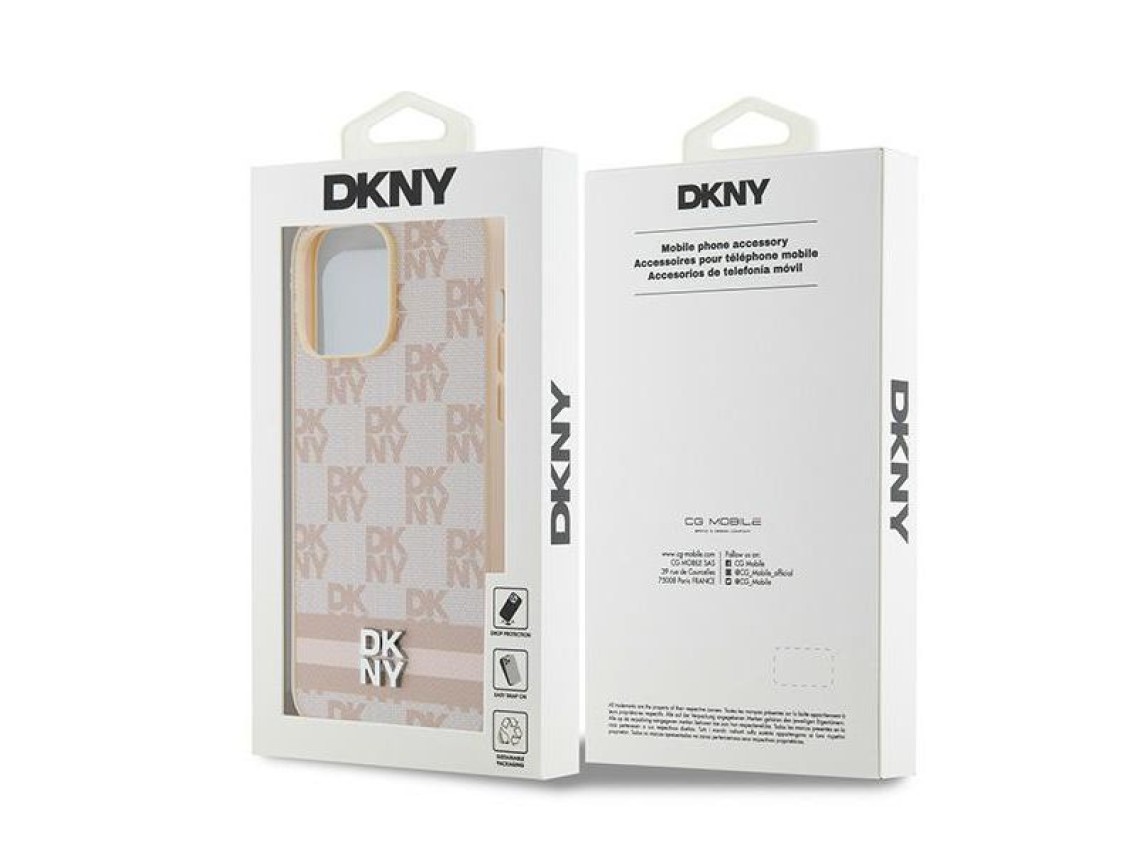 DKNY Leather Checkered Mono Pattern & Printed Stripes case for iPhone 14 Pro Max - pink