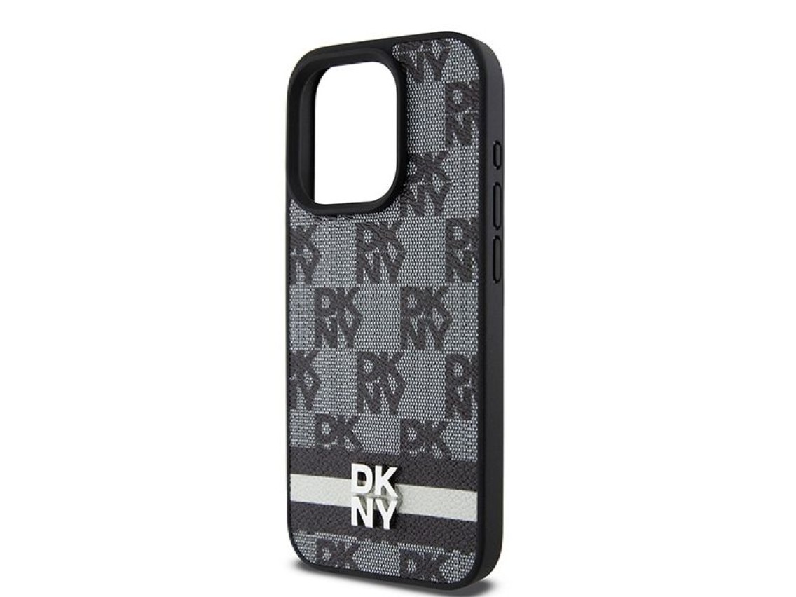 Capa DKNY para iPhone 15 Pro em couro com estampa xadrez monocromática e listras - Preta
