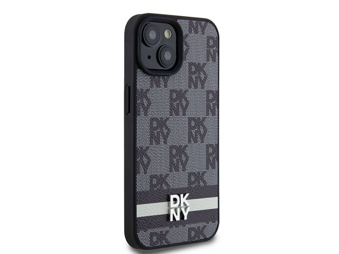 DKNY Leather Checkered Mono Pattern & Printed Stripes Case for iPhone 15 Plus / 14 Plus - Black