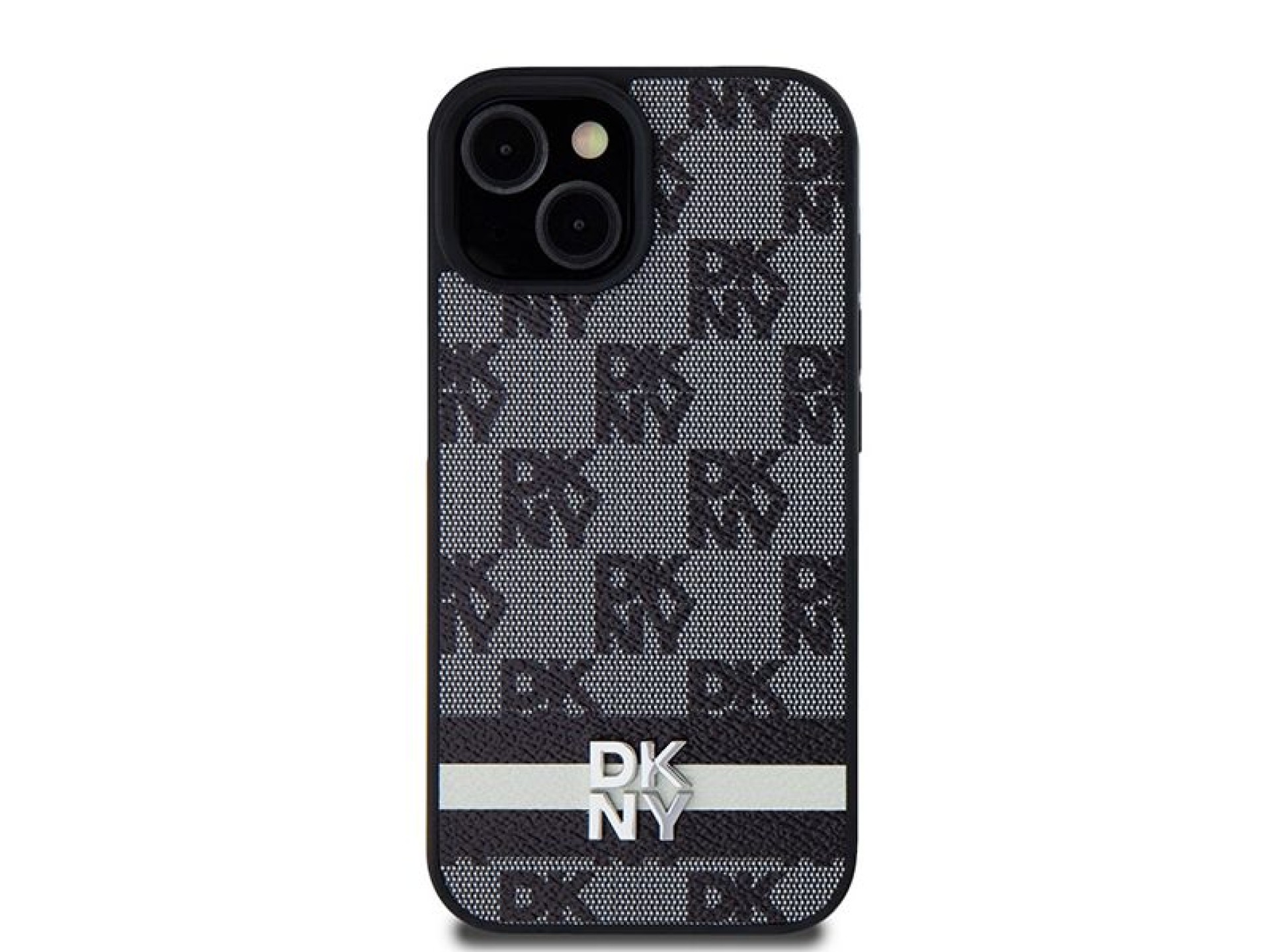 DKNY Leather Checkered Mono Pattern & Printed Stripes Case for iPhone 15 Plus / 14 Plus - Black
