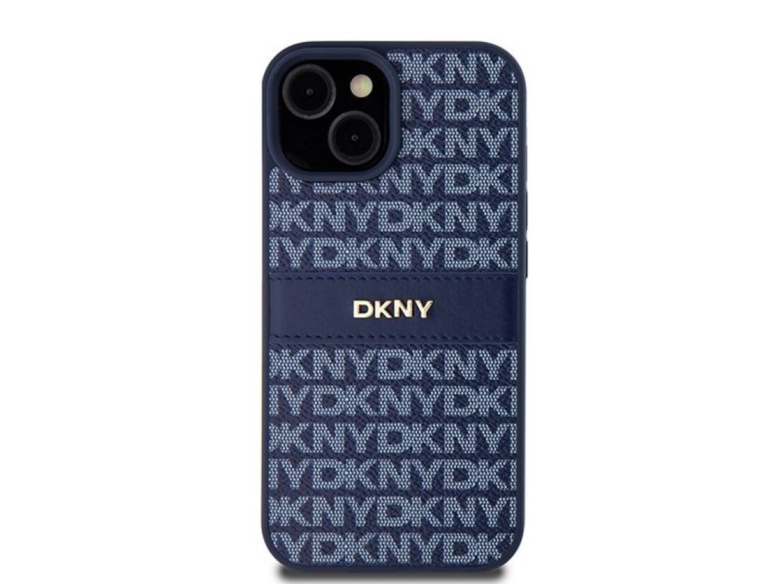 Capa DKNY em couro com estampa Mono Stripe e logo metálico para iPhone 15/14/13 - azul