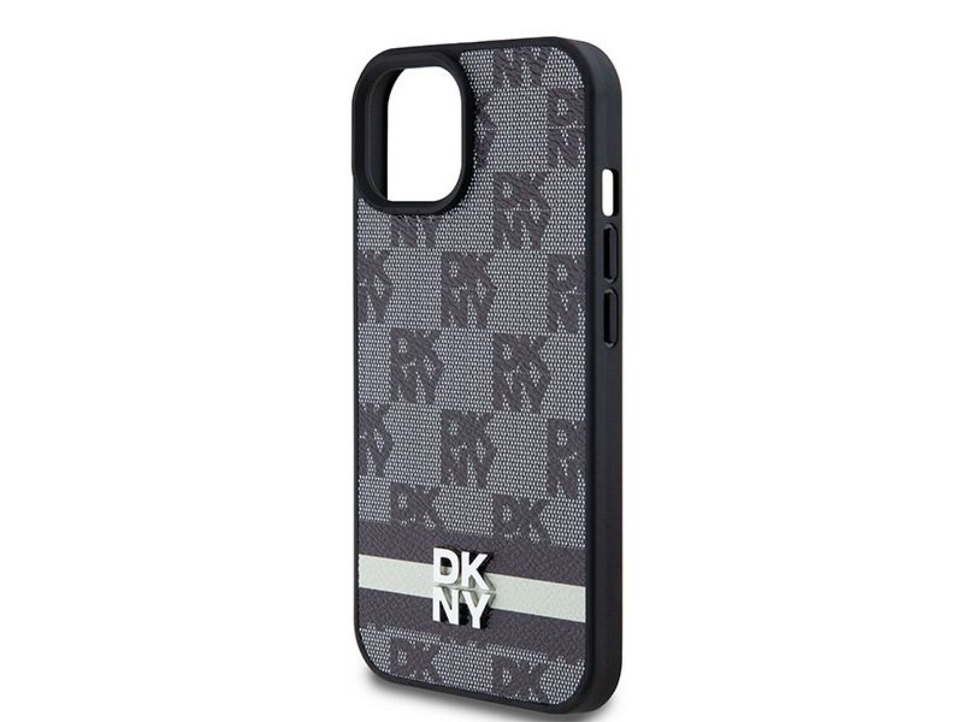 DKNY Leather Checkered Mono Pattern & Printed Stripes Case for iPhone 15 Plus / 14 Plus - Black