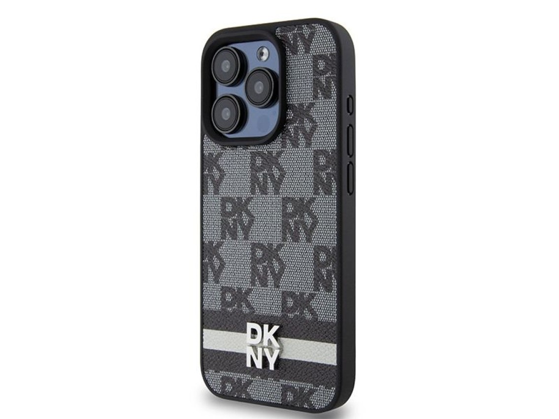 Capa DKNY para iPhone 15 Pro em couro com estampa xadrez monocromática e listras - Preta