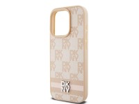 DKNY Leather Checkered Mono Pattern & Printed Stripes case for iPhone 15 Pro - pink DKNY Leather Checkered Mono Pattern & Printed Stripes case for iPhone 15 Pro - pink