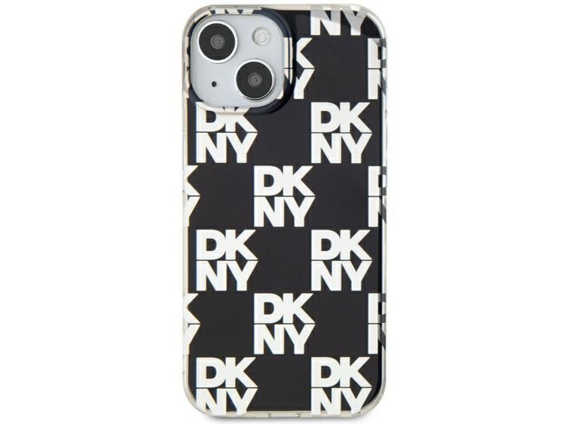 Capa DKNY IML com estampa xadrez monocrom�tica para iPhone 15 Plus / 14 Plus - preta