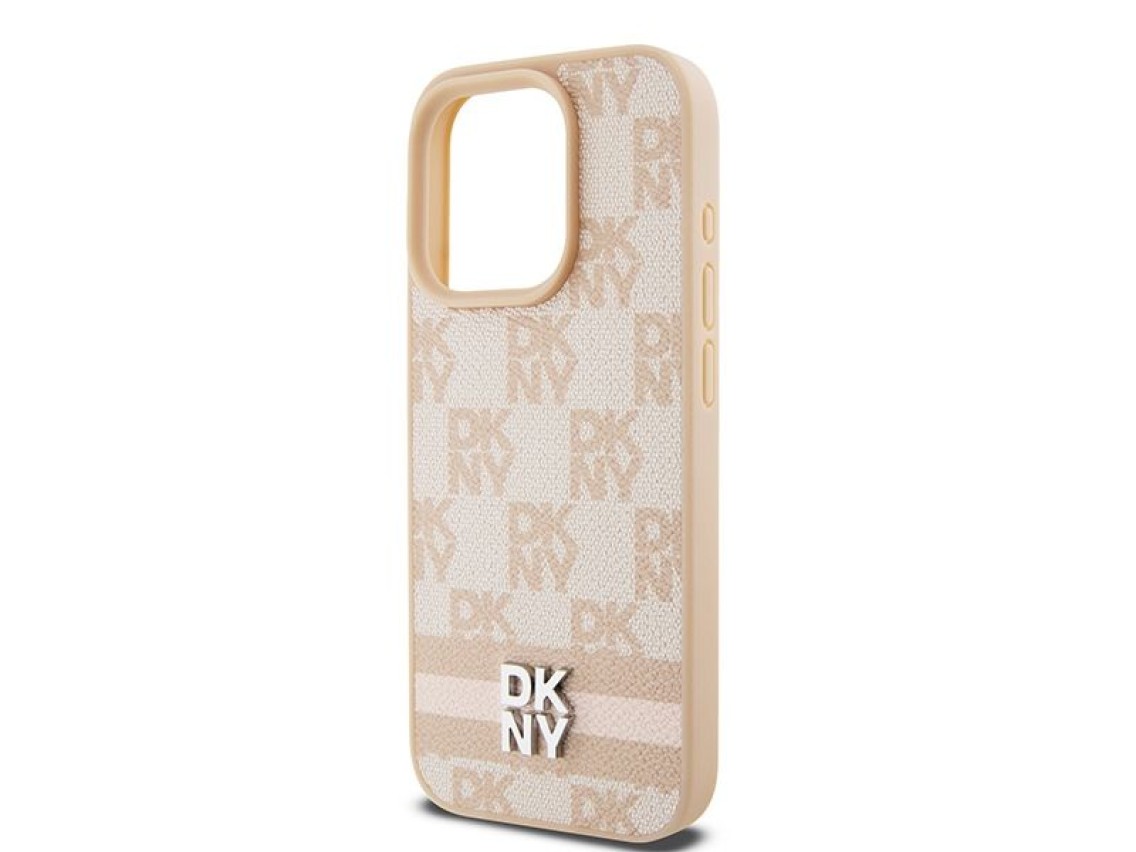 DKNY Leather Checkered Mono Pattern & Printed Stripes case for iPhone 15 Pro - pink