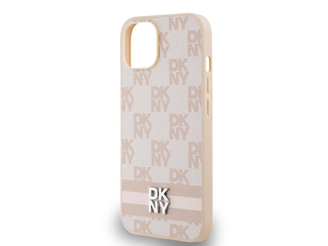 Capa DKNY em couro com estampa xadrez monocromática e listras para iPhone 15 Plus / 14 Plus - Rosa
