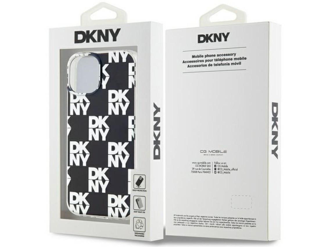 Capa DKNY IML com estampa xadrez monocrom�tica para iPhone 15 Plus / 14 Plus - preta