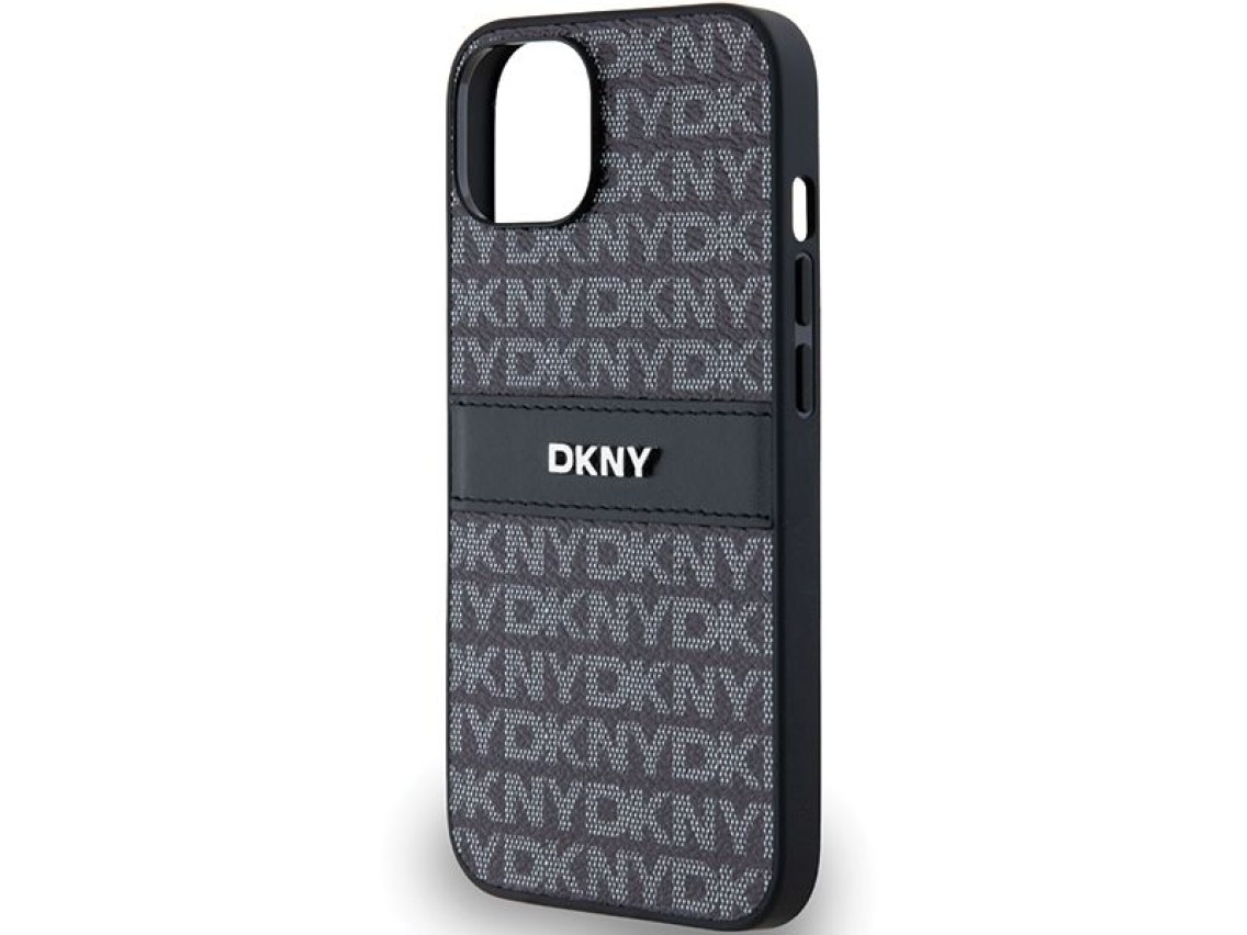 Capa DKNY em couro com estampa Mono Stripe e logo em metal para iPhone 15/14/13 - Preta