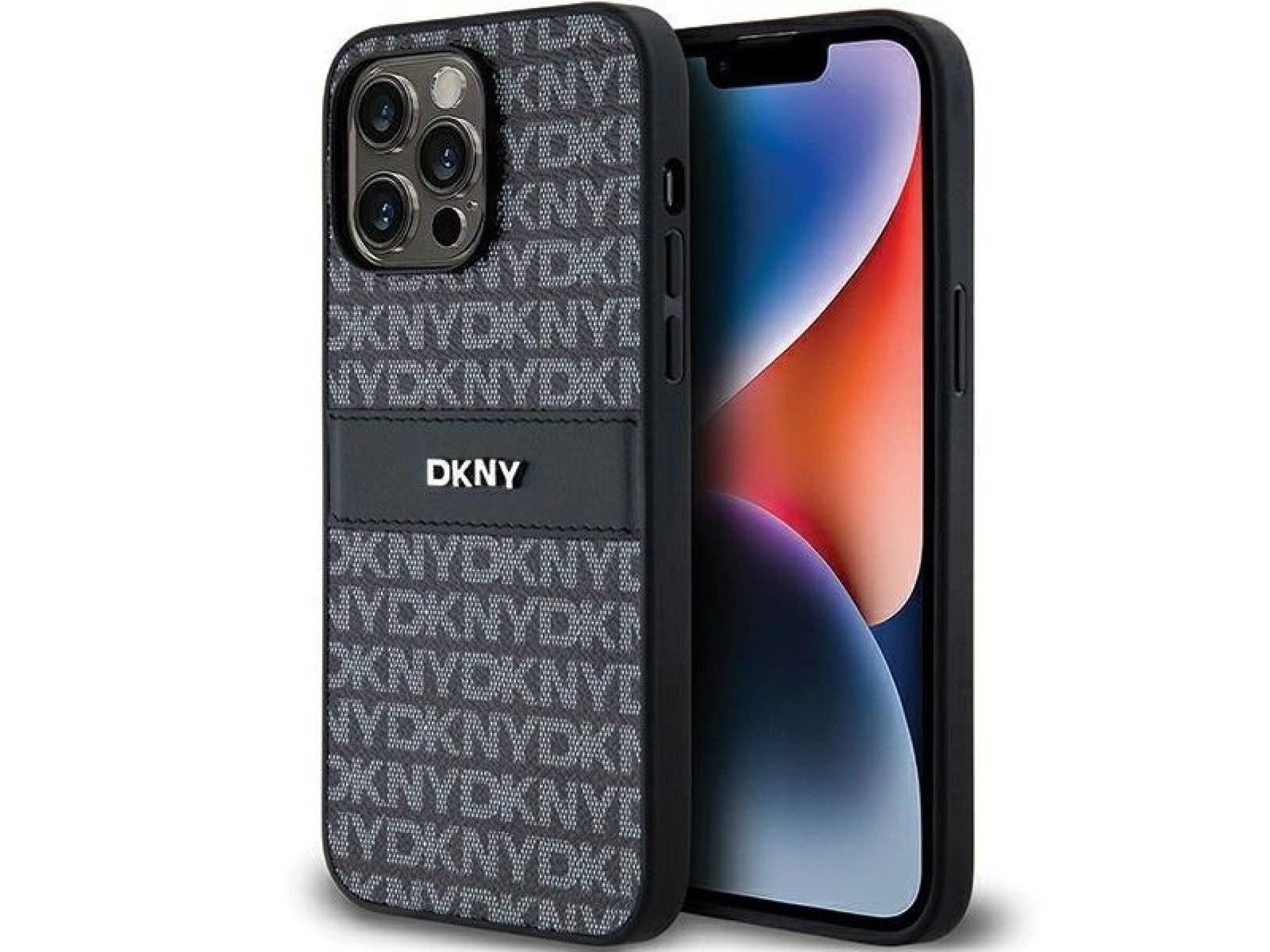 Capa DKNY em couro com estampa Mono Stripe e logo metálico para iPhone 14 Pro - preta