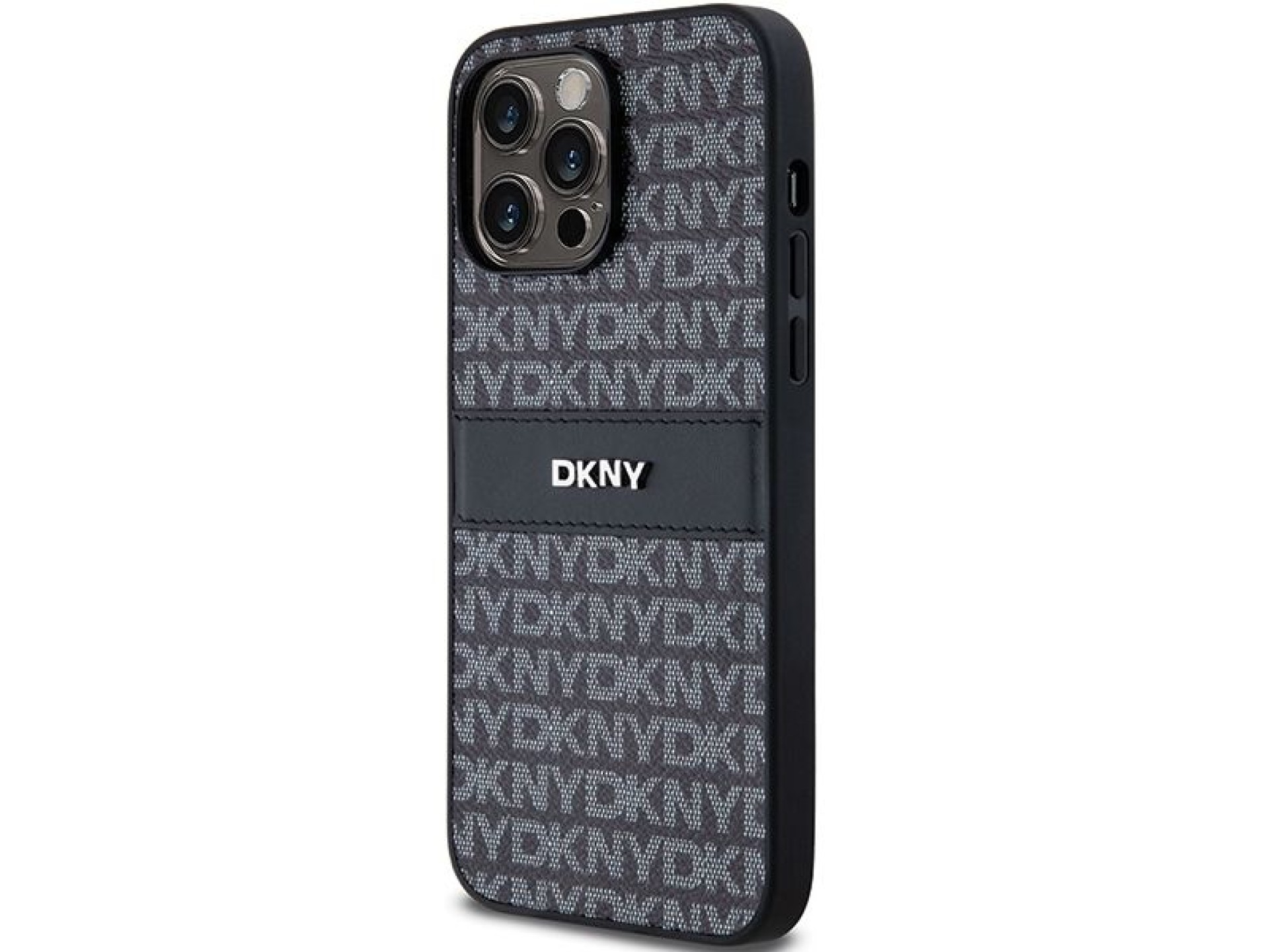 Capa DKNY em couro com estampa Mono Stripe e logo metálico para iPhone 14 Pro - preta