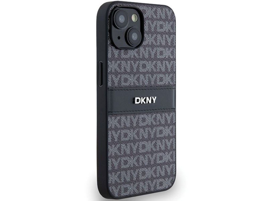 Capa DKNY em couro com estampa Mono Stripe e logo em metal para iPhone 15/14/13 - Preta