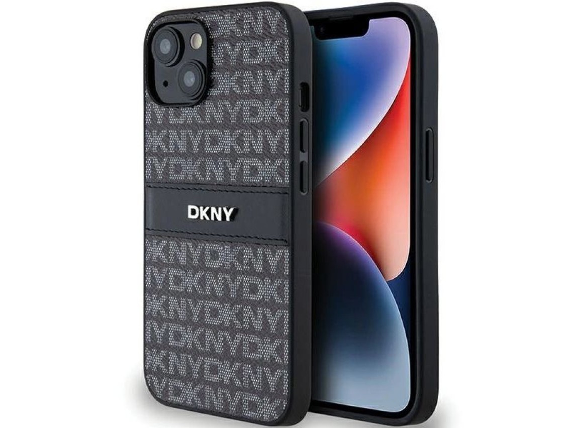 Capa DKNY em couro com estampa Mono Stripe e logo em metal para iPhone 15/14/13 - Preta