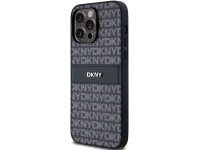 Capa DKNY em couro com estampa Mono Stripe e logo met�lico para iPhone 14 Pro - preta