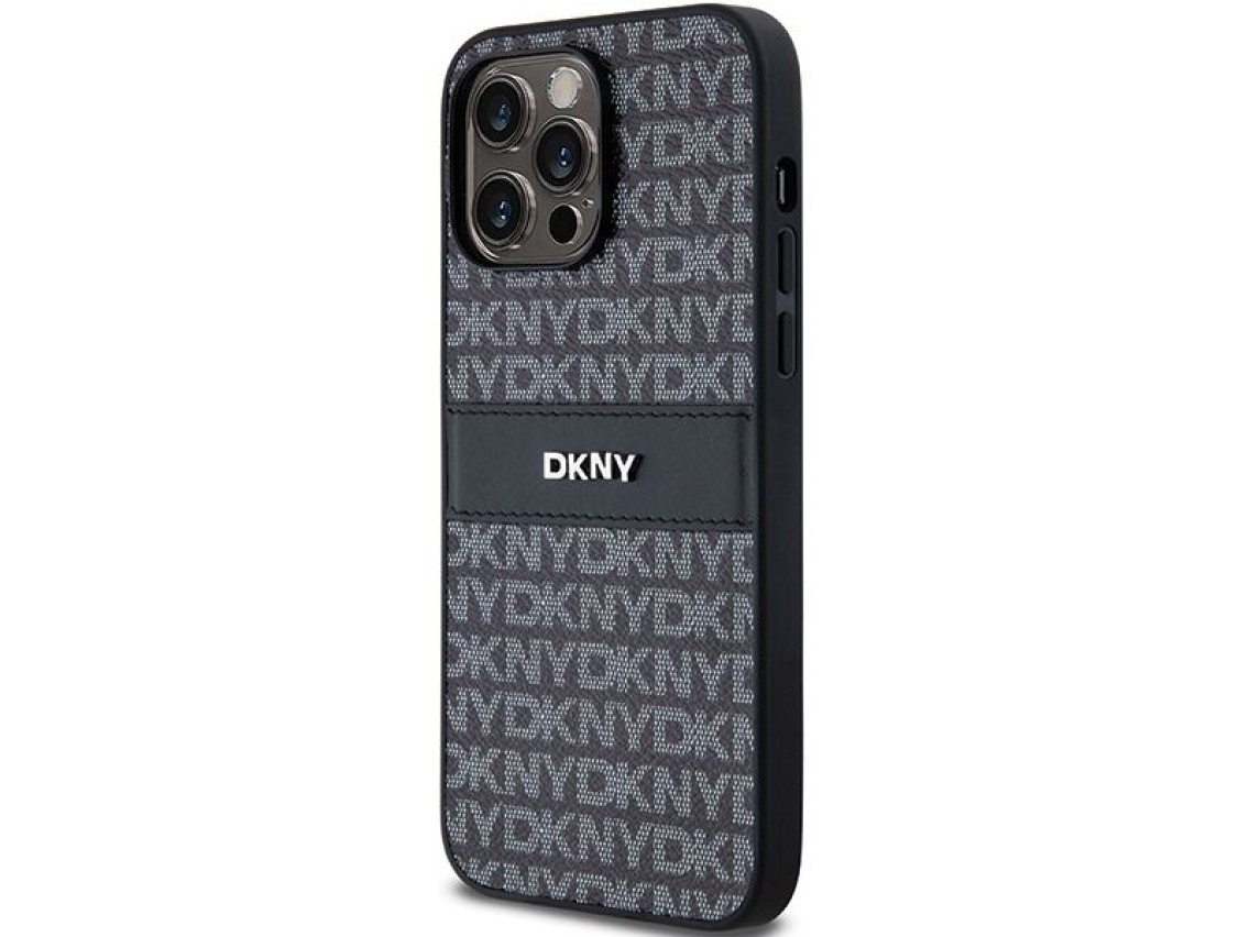 Capa DKNY em couro com estampa Mono Stripe e logo met�lico para iPhone 14 Pro - preta