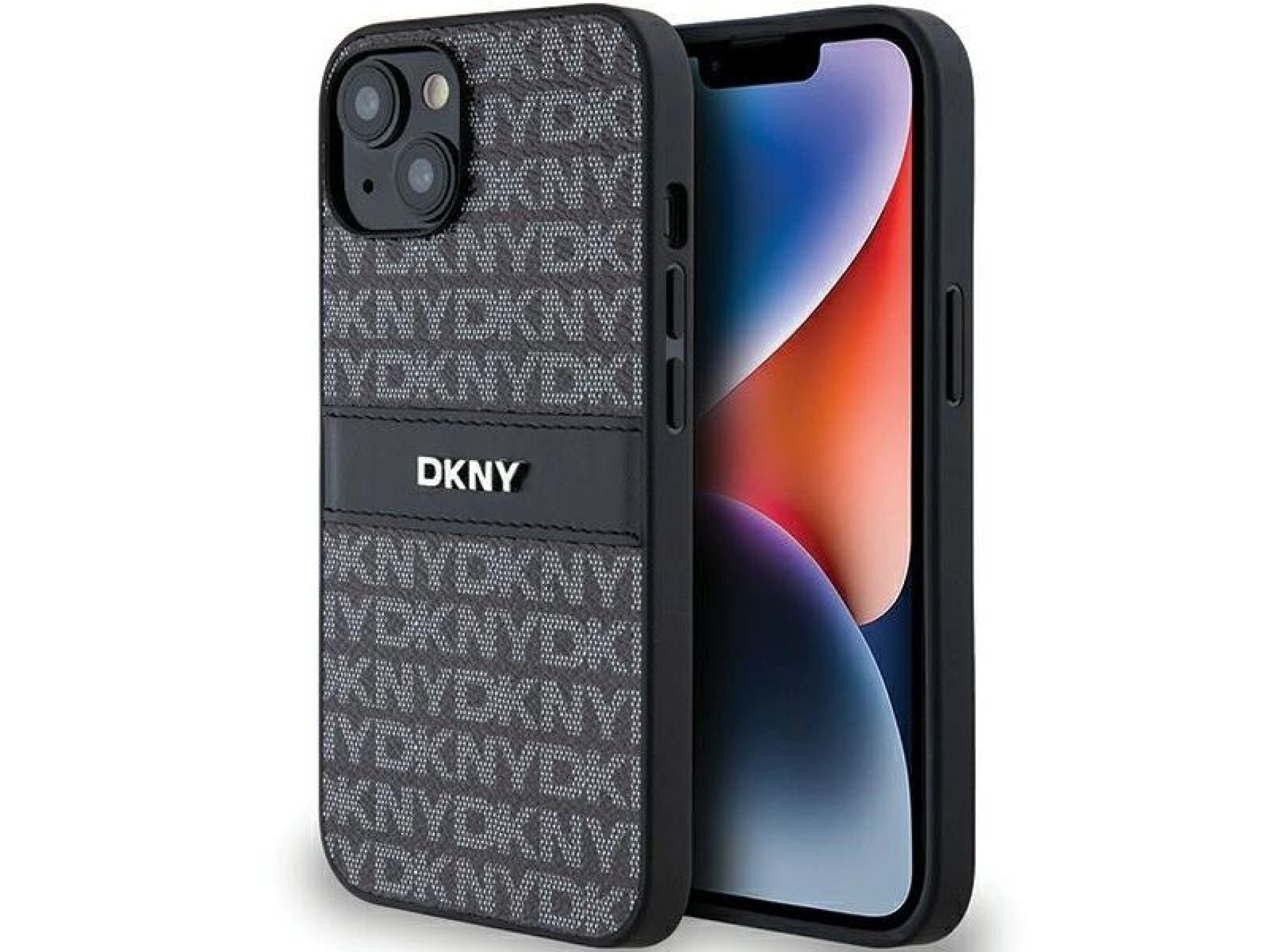 Capa DKNY em couro com estampa Mono Stripe e logo em metal para iPhone 15/14/13 - Preta