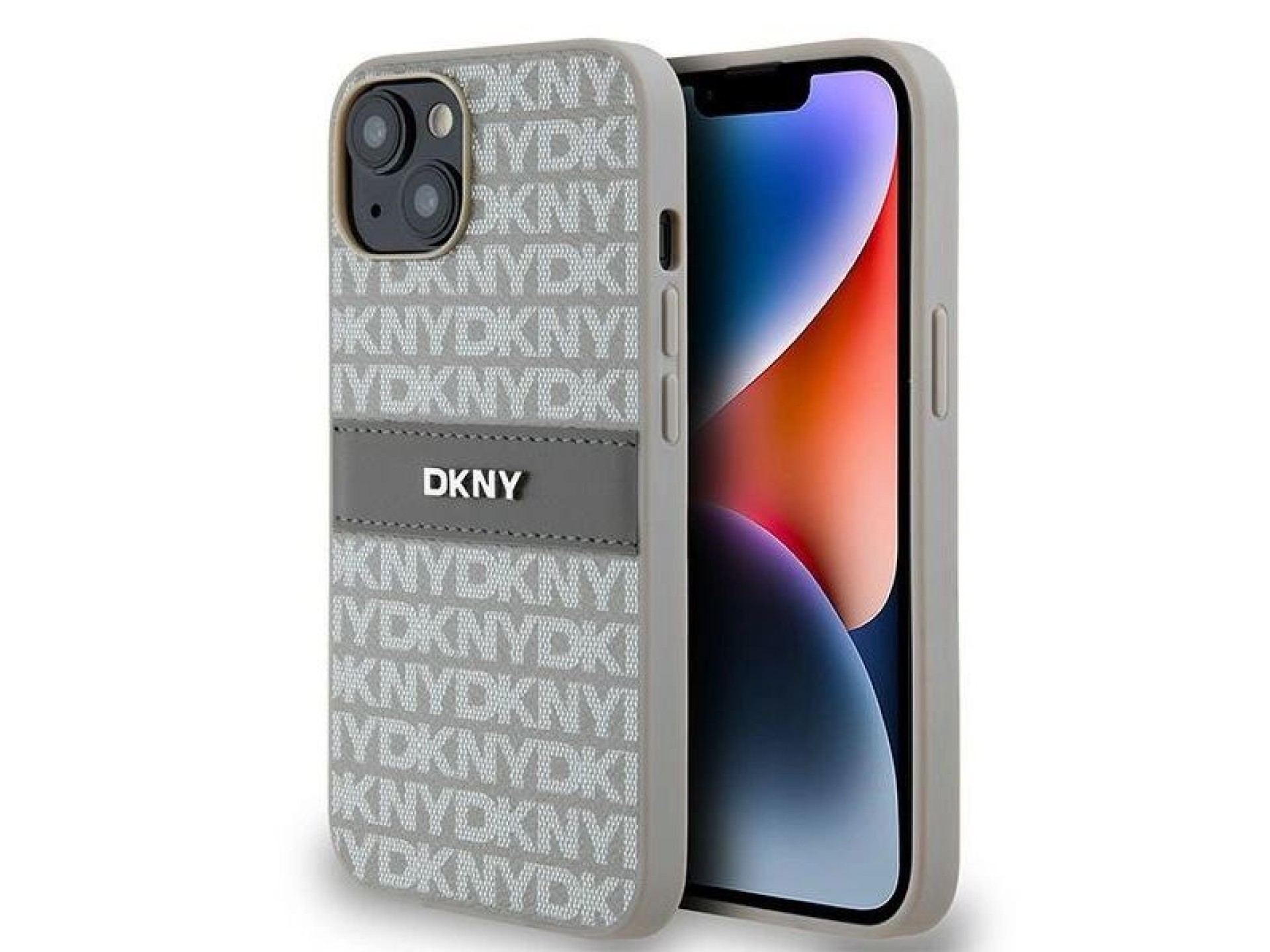 Capa DKNY em couro com estampa Mono Stripe e logo metálico para iPhone 15/14/13 - bege