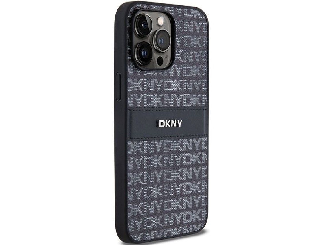 Capa DKNY em couro com estampa Mono Stripe e logo met�lico para iPhone 14 Pro - preta