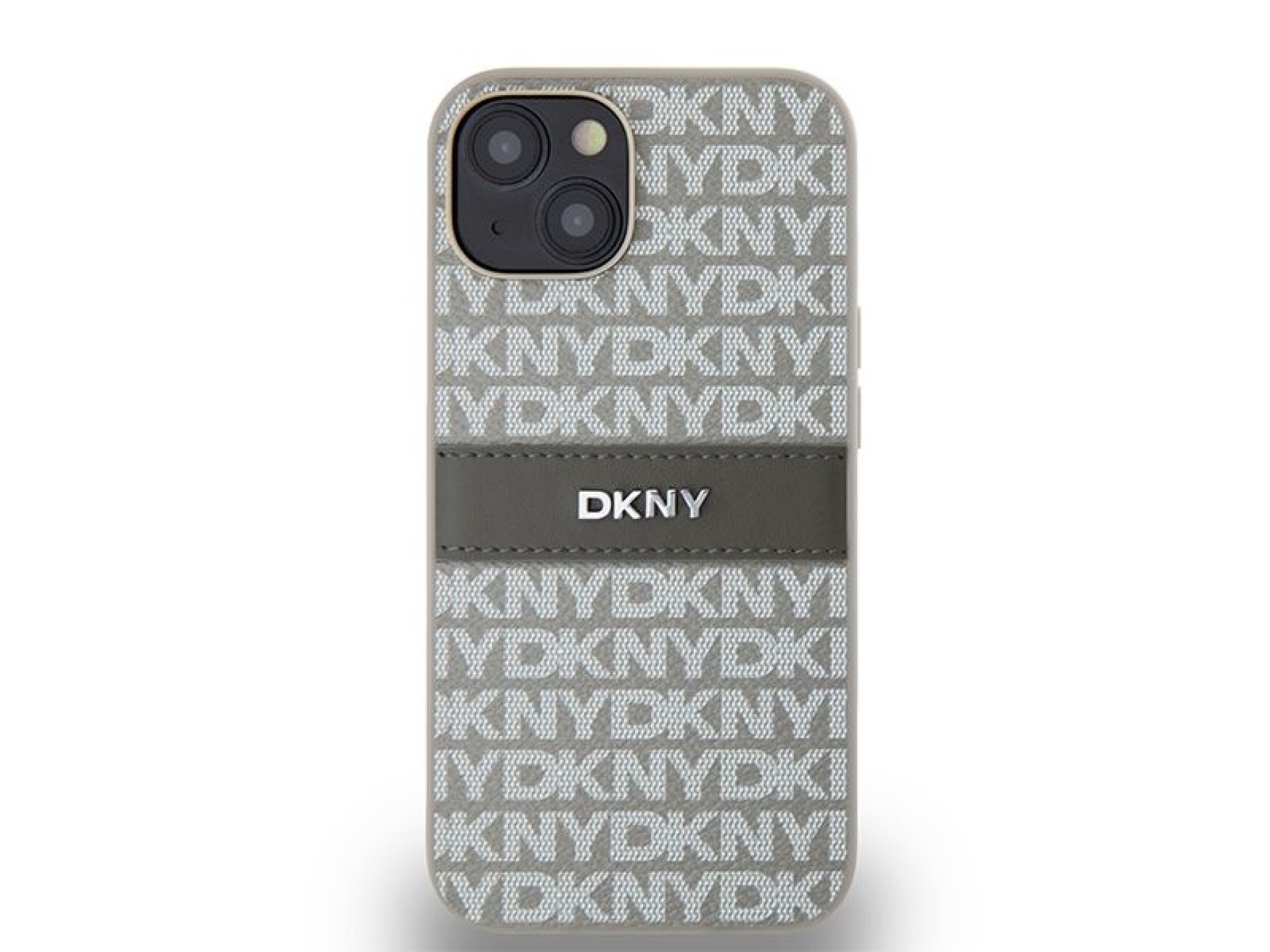 Capa DKNY em couro com estampa Mono Stripe e logo metálico para iPhone 15/14/13 - bege