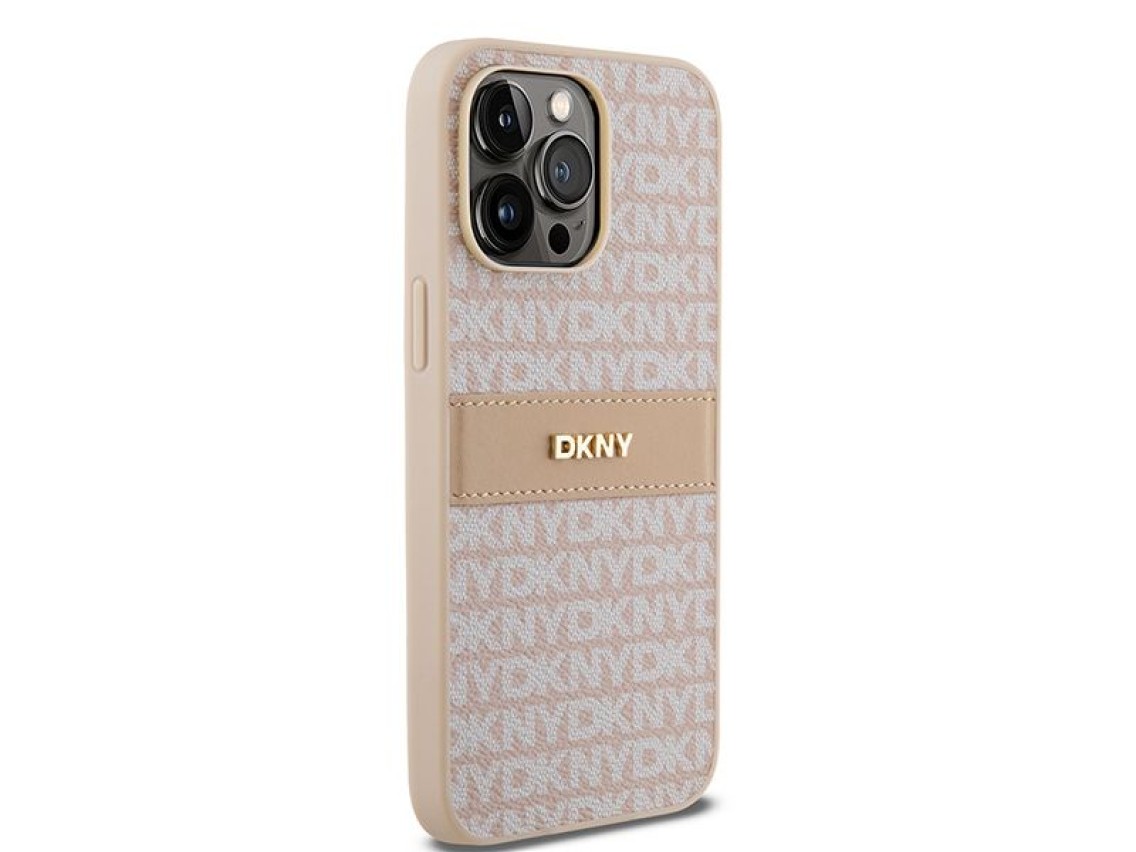 Capa DKNY em couro com estampa Mono Stripe e logo metálico para iPhone 14 Pro - rosa