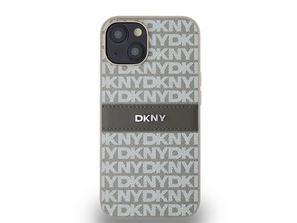 Capa DKNY em couro com estampa Mono Stripe e logo metálico para iPhone 15/14/13 - bege