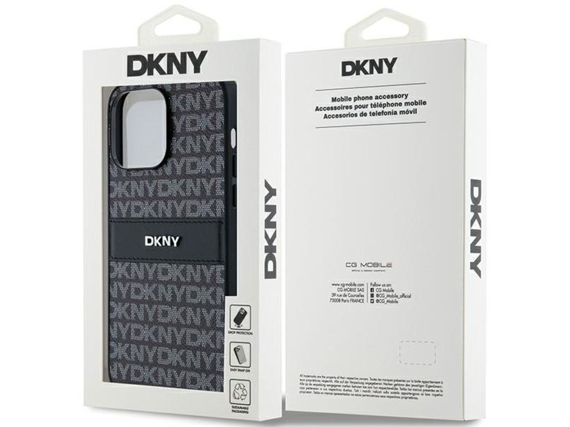 Capa DKNY em couro com estampa Mono Stripe e logo metálico para iPhone 14 Pro - preta
