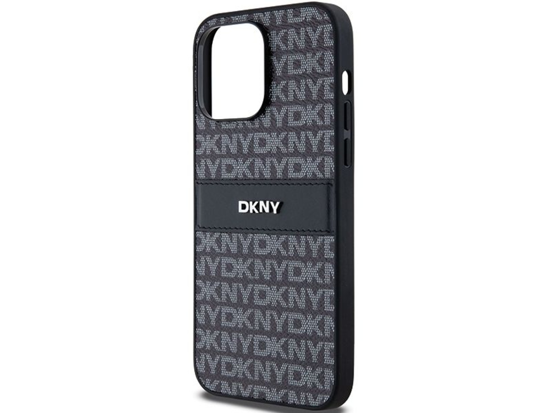 Capa DKNY em couro com estampa Mono Stripe e logo metálico para iPhone 14 Pro - preta