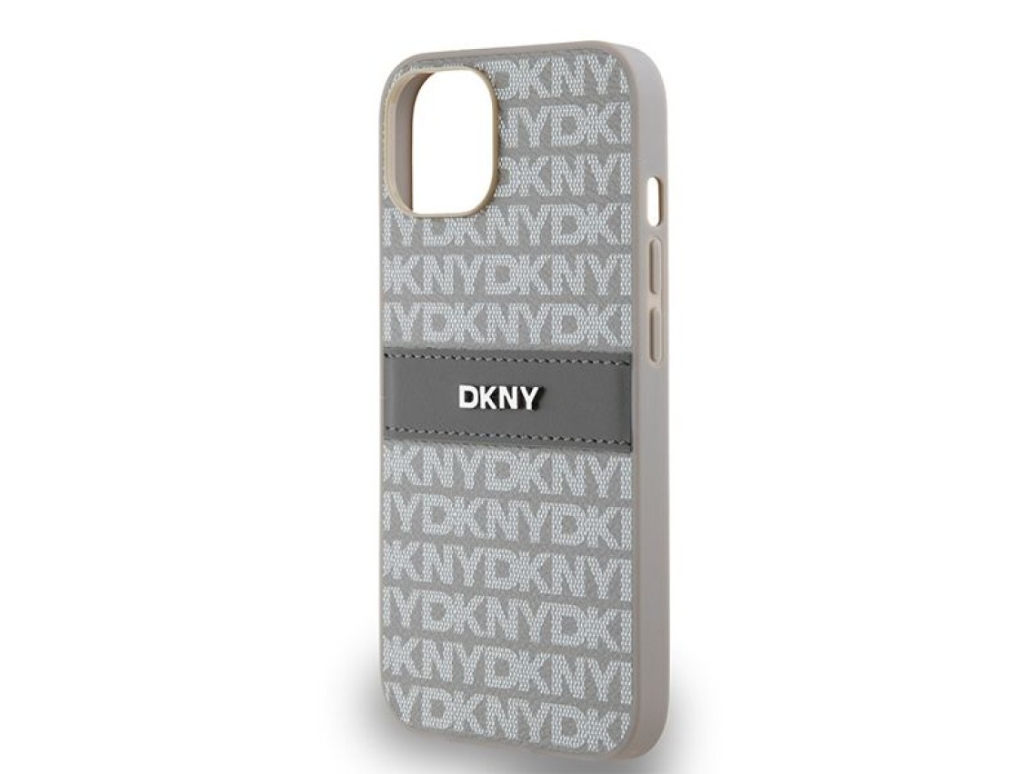 Capa DKNY em couro com estampa Mono Stripe e logo metálico para iPhone 15/14/13 - bege