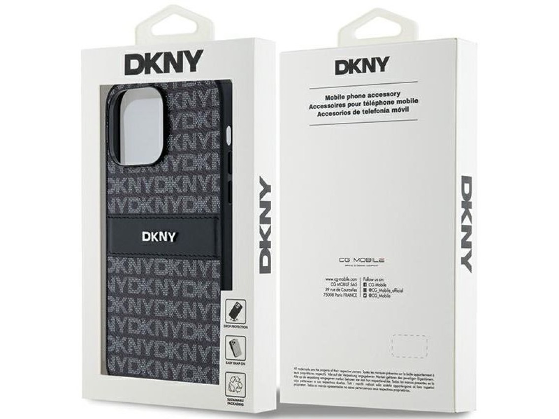 Capa DKNY em couro com estampa Mono Stripe e logo met�lico para iPhone 14 Pro - preta