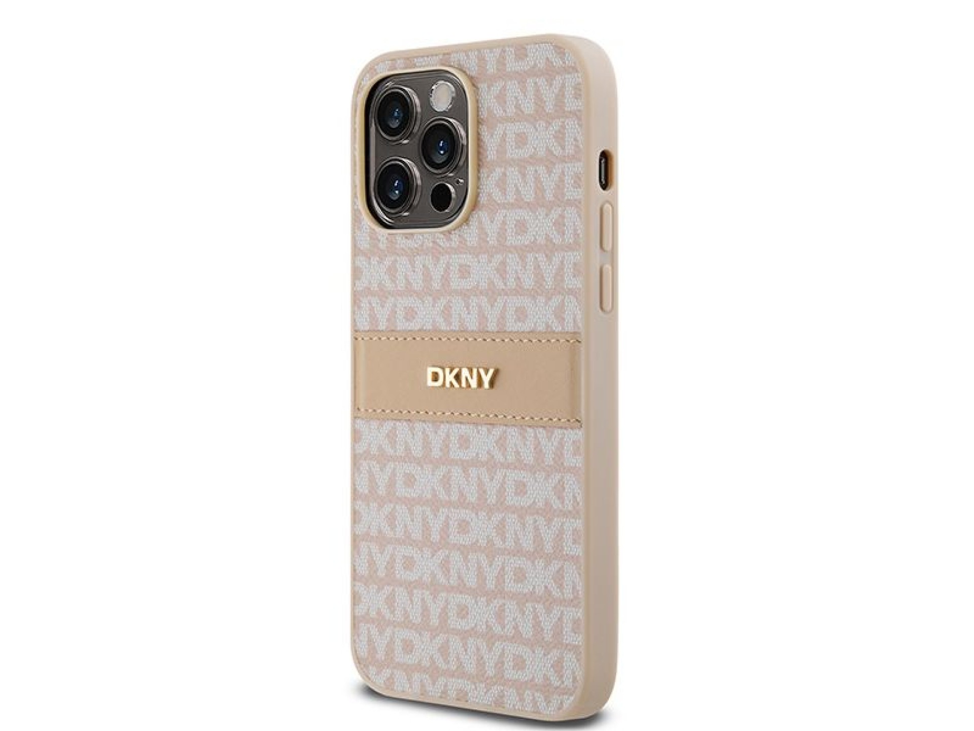 Capa DKNY em couro com estampa Mono Stripe e logo metálico para iPhone 14 Pro - rosa