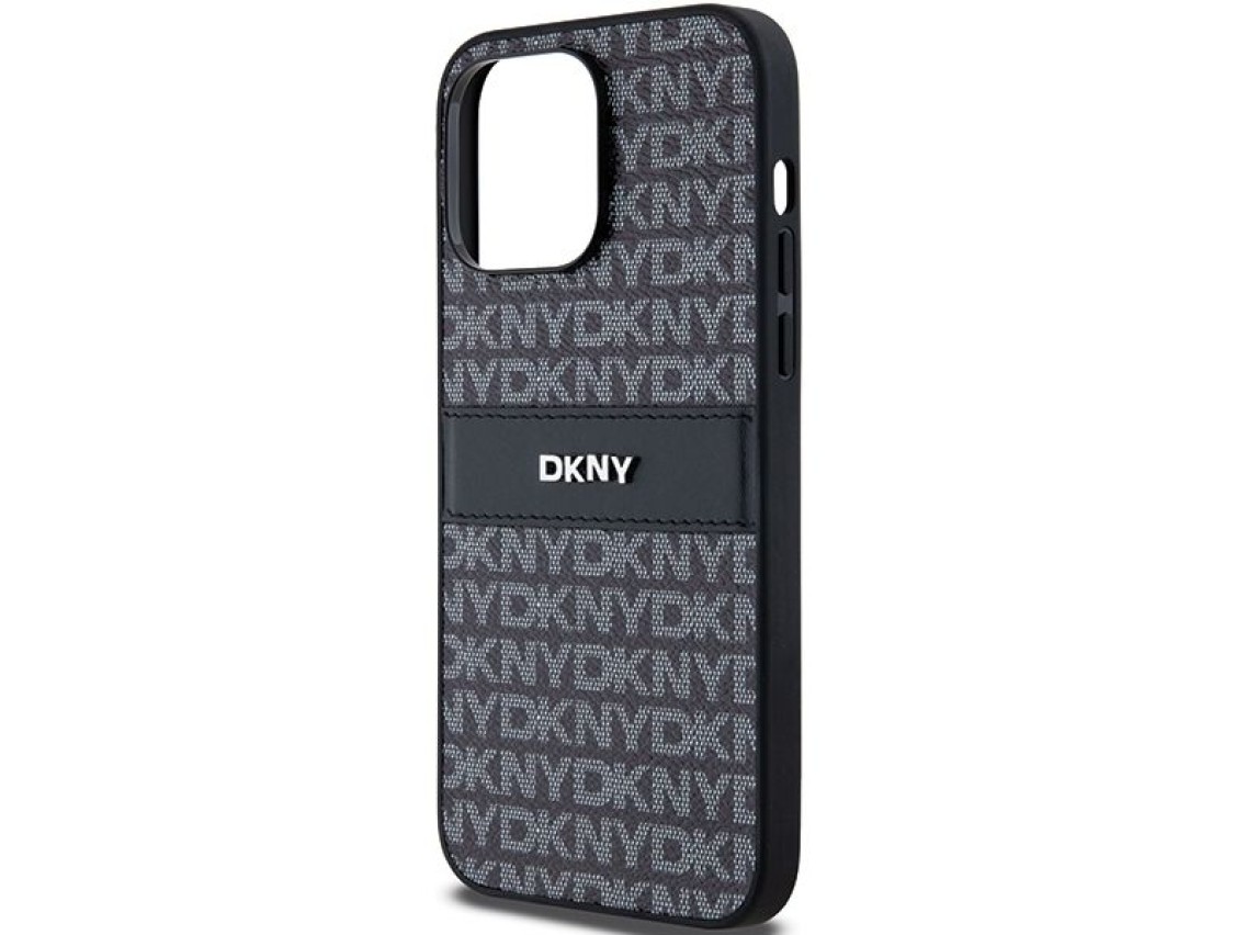 Capa DKNY em couro com estampa Mono Stripe e logo met�lico para iPhone 14 Pro - preta