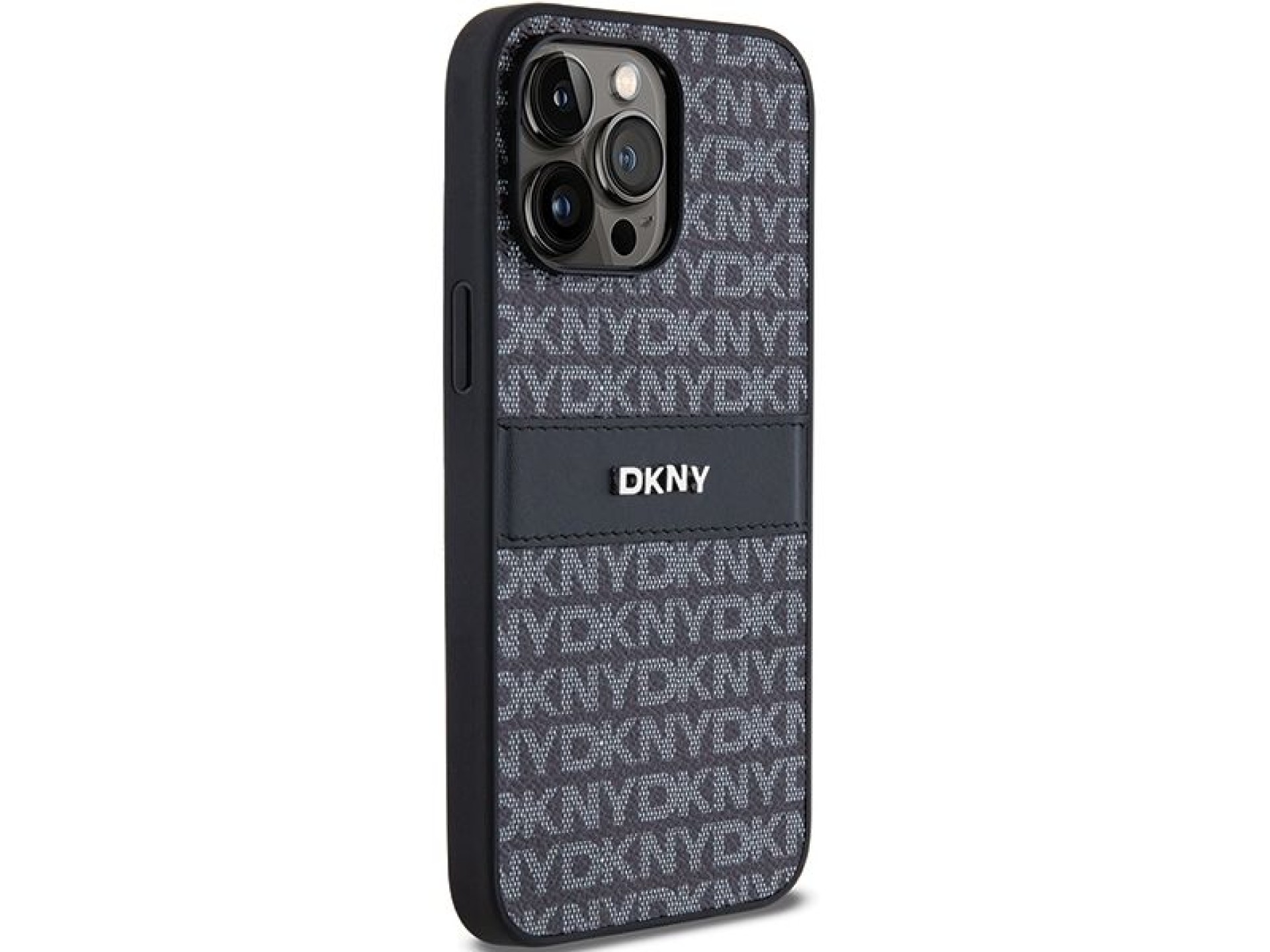 Capa DKNY em couro com estampa Mono Stripe e logo metálico para iPhone 14 Pro - preta