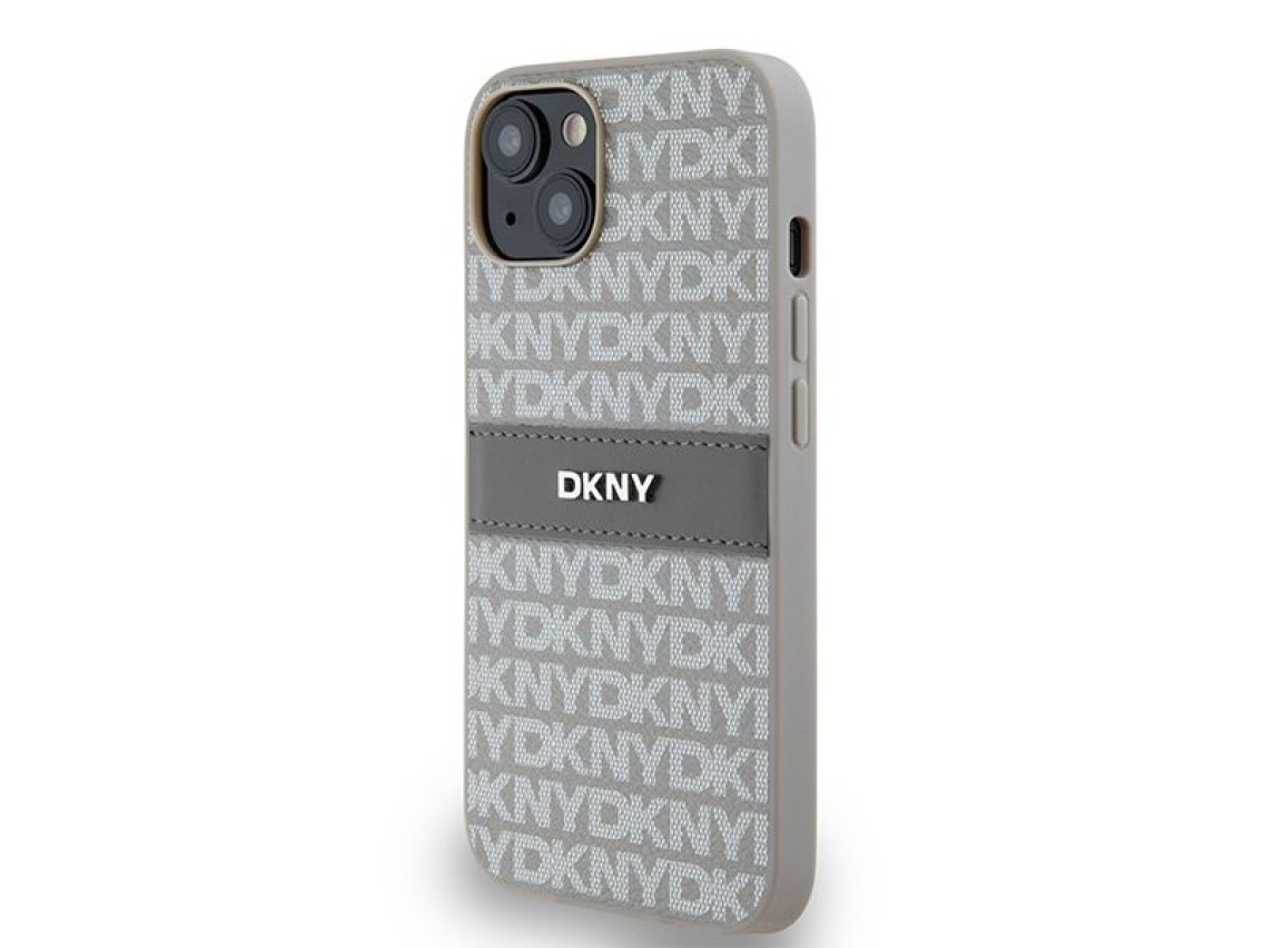 Capa DKNY em couro com estampa Mono Stripe e logo metálico para iPhone 15/14/13 - bege