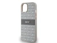 Capa DKNY em couro com estampa Mono Stripe e logo metálico para iPhone 15/14/13 - bege Capa DKNY em couro com estampa Mono Stripe e logo metálico para iPhone 15/14/13 - bege