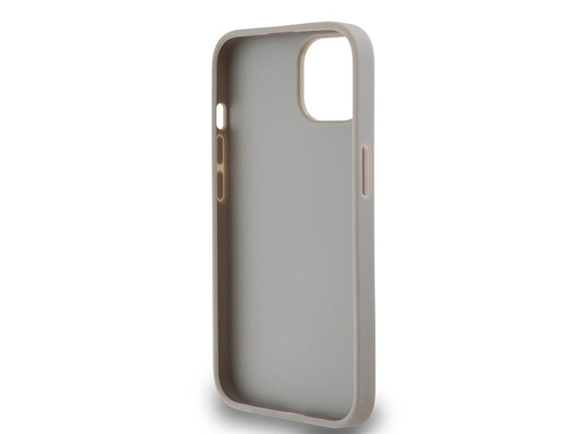 Capa DKNY em couro com estampa Mono Stripe e logo metálico para iPhone 15/14/13 - bege