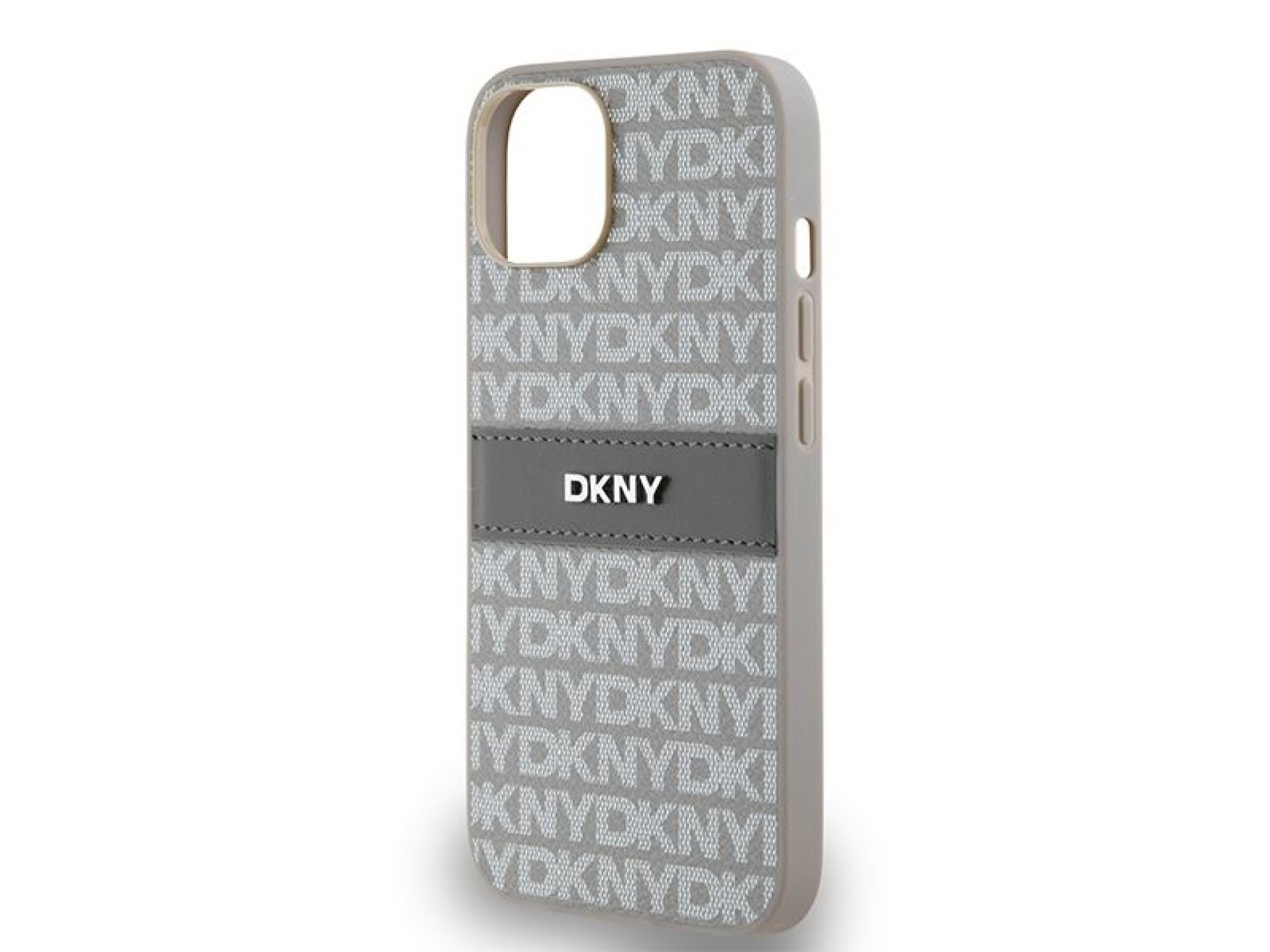 Capa DKNY em couro com estampa Mono Stripe e logo metálico para iPhone 15/14/13 - bege