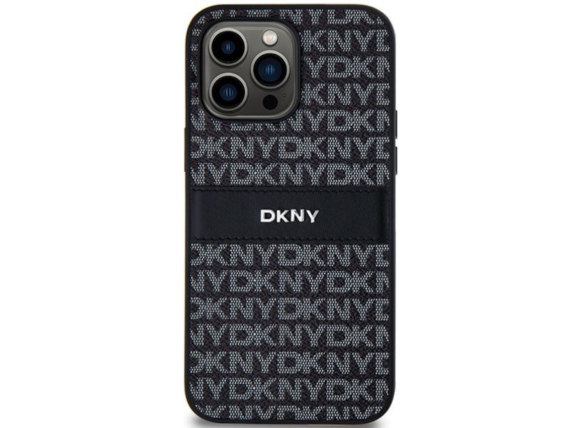 Capa DKNY em couro com estampa Mono Stripe e logo met�lico para iPhone 14 Pro - preta