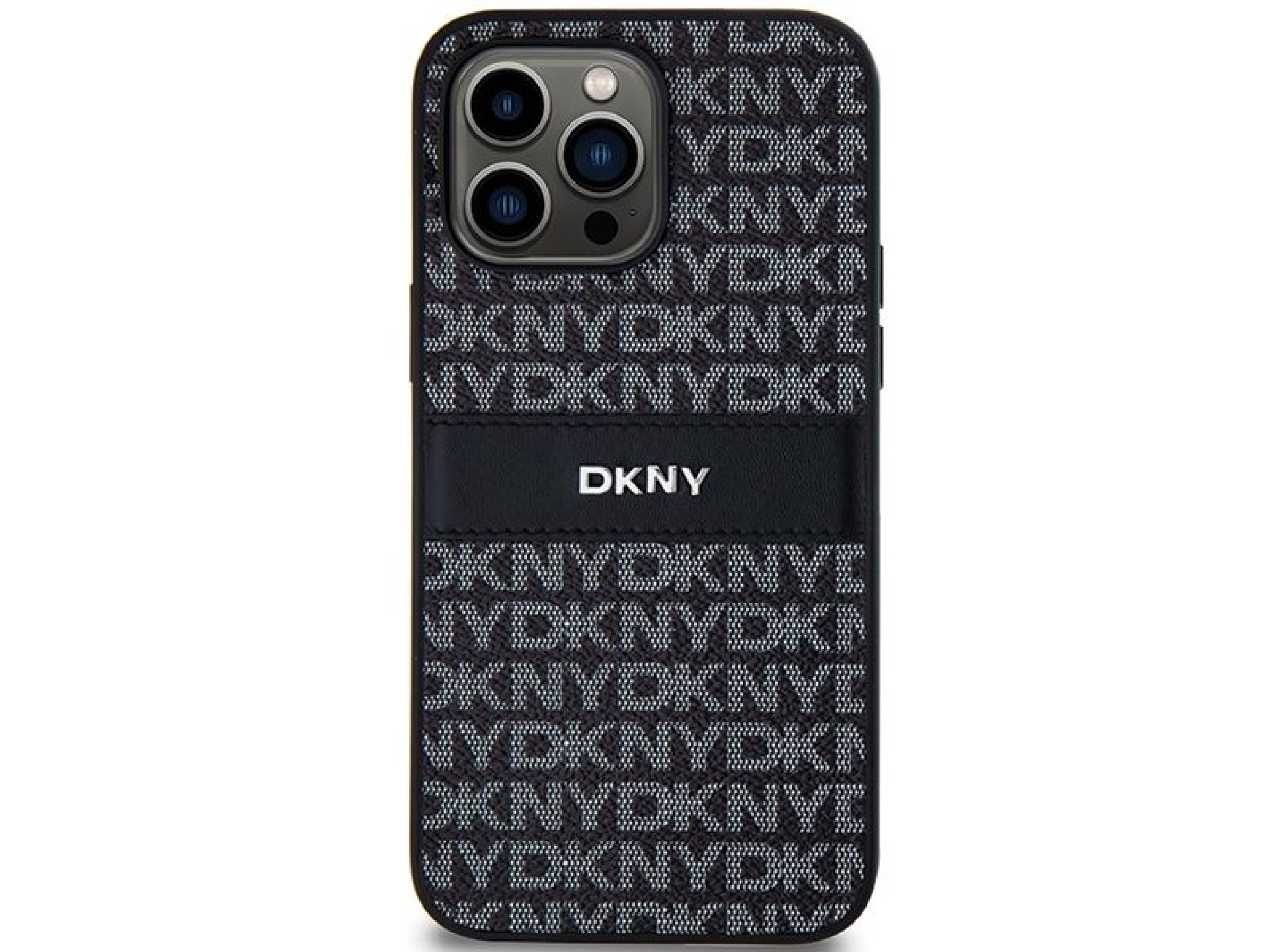 Capa DKNY em couro com estampa Mono Stripe e logo metálico para iPhone 14 Pro - preta