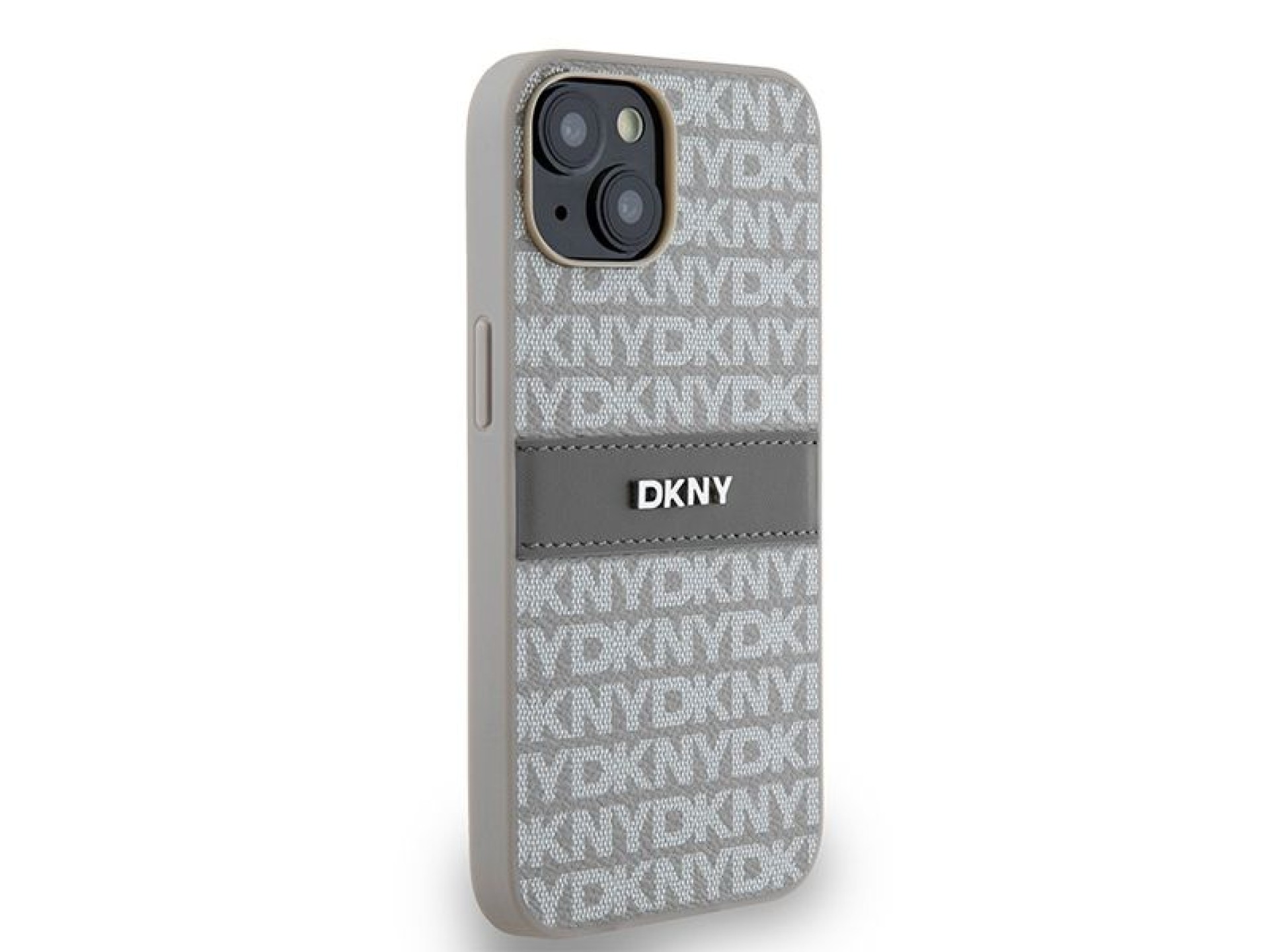 Capa DKNY em couro com estampa Mono Stripe e logo metálico para iPhone 15/14/13 - bege