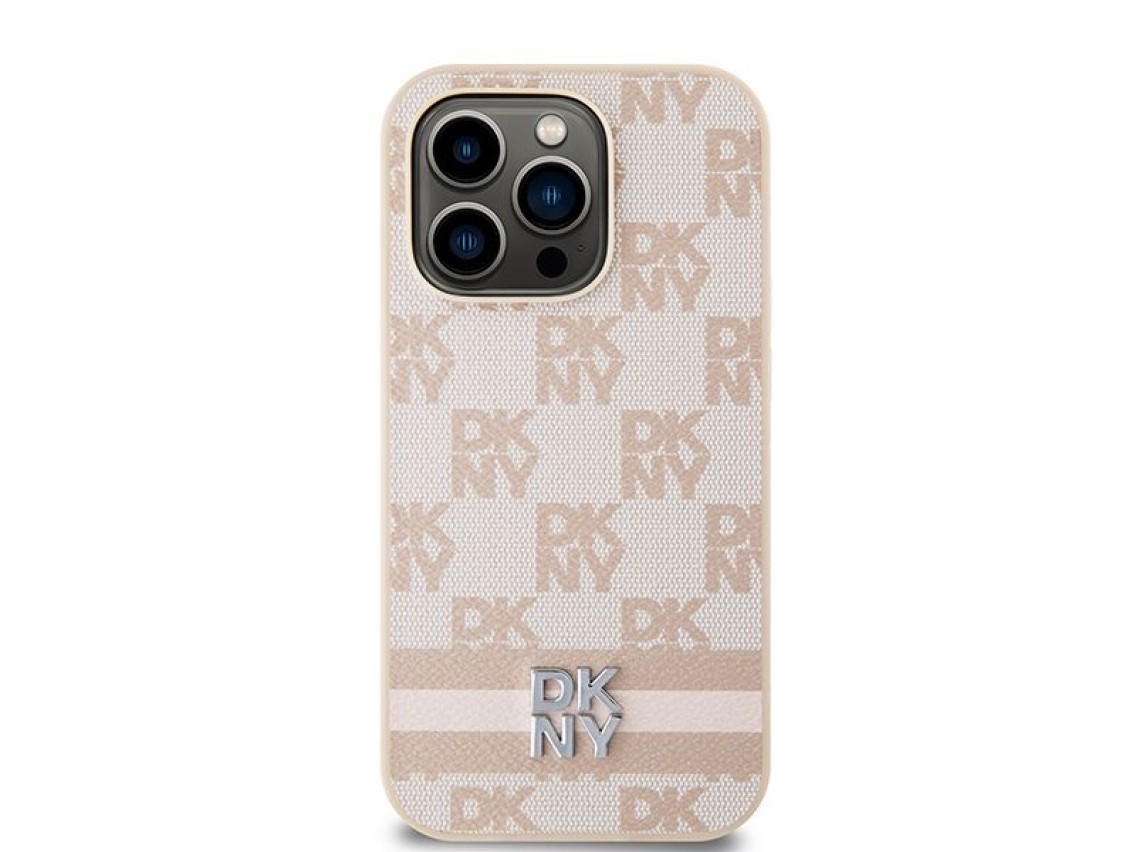 Capa DKNY em couro com estampa xadrez monocromática e listras para iPhone 14 Pro - rosa