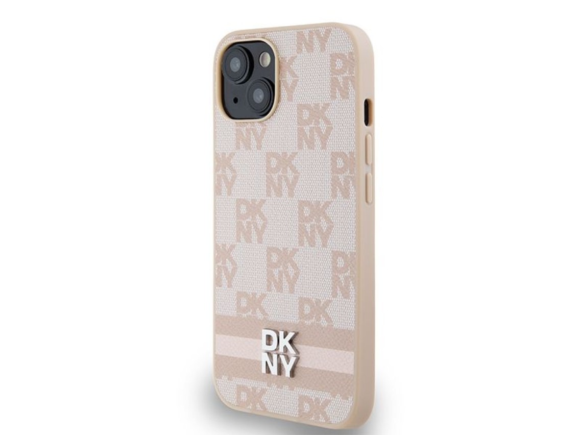 DKNY Leather Checkered Mono Pattern & Printed Stripes case for iPhone 15 / 14 / 13 - pink