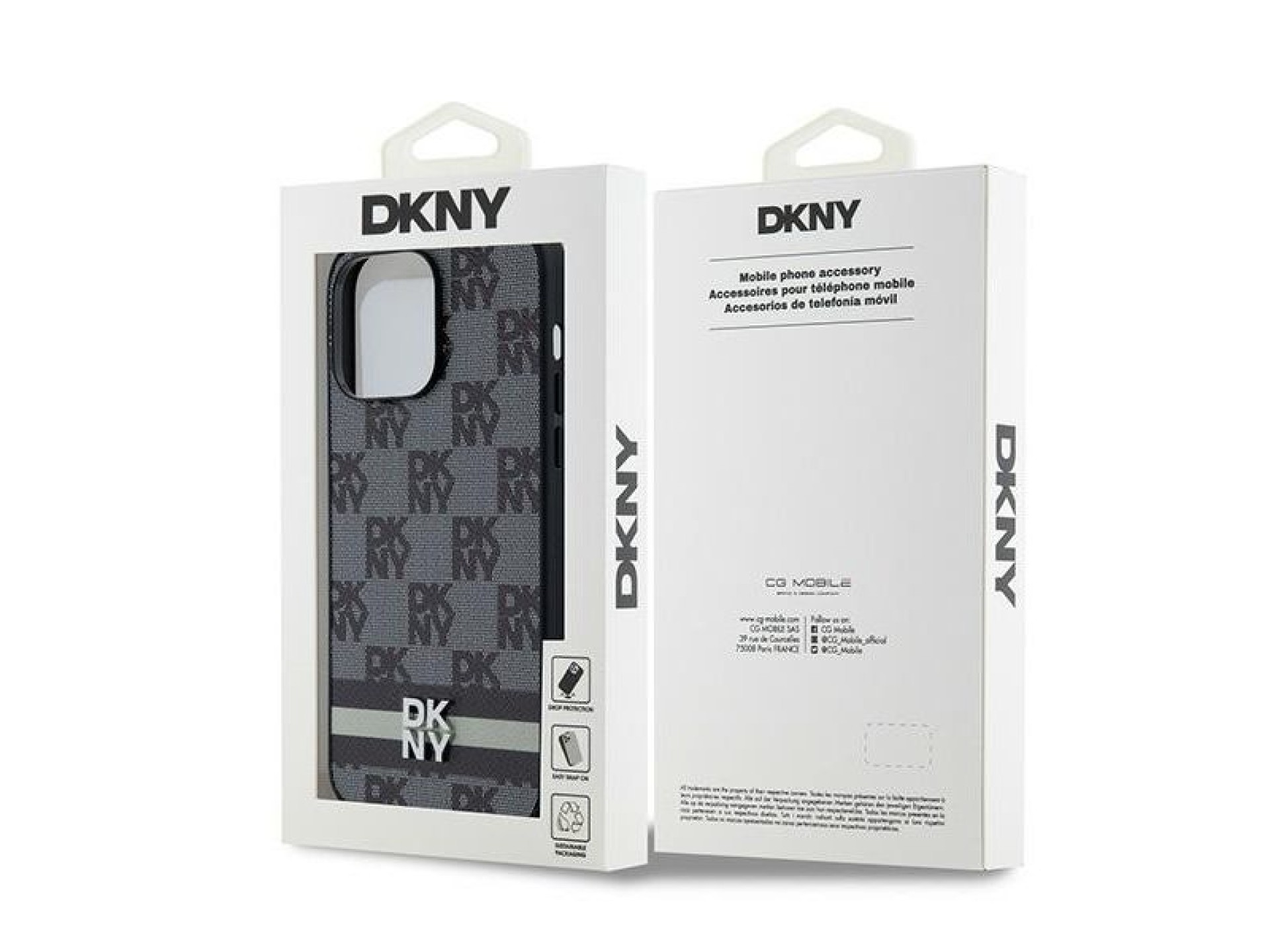 Capa DKNY em couro com estampa xadrez monocromática e listras para iPhone 14 Pro Max - Preta