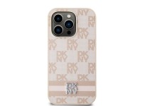 Capa DKNY em couro com estampa xadrez monocromática e listras para iPhone 14 Pro - rosa Capa DKNY em couro com estampa xadrez monocromática e listras para iPhone 14 Pro - rosa