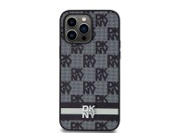DKNY Leather Checkered Mono Pattern & Printed Stripes Case for iPhone 14 Pro Max - Black