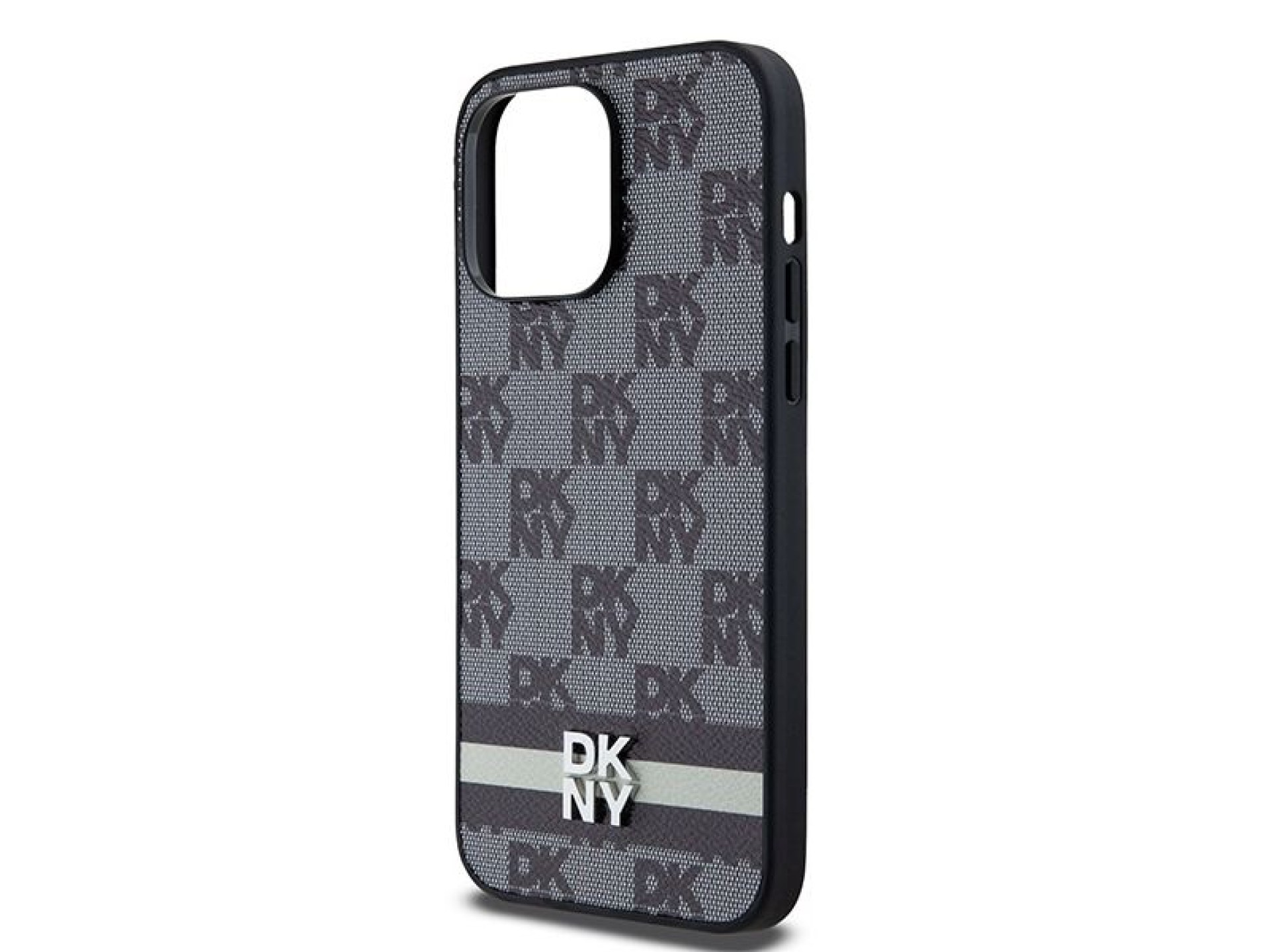 DKNY Leather Checkered Mono Pattern & Printed Stripes Case for iPhone 14 Pro Max - Black