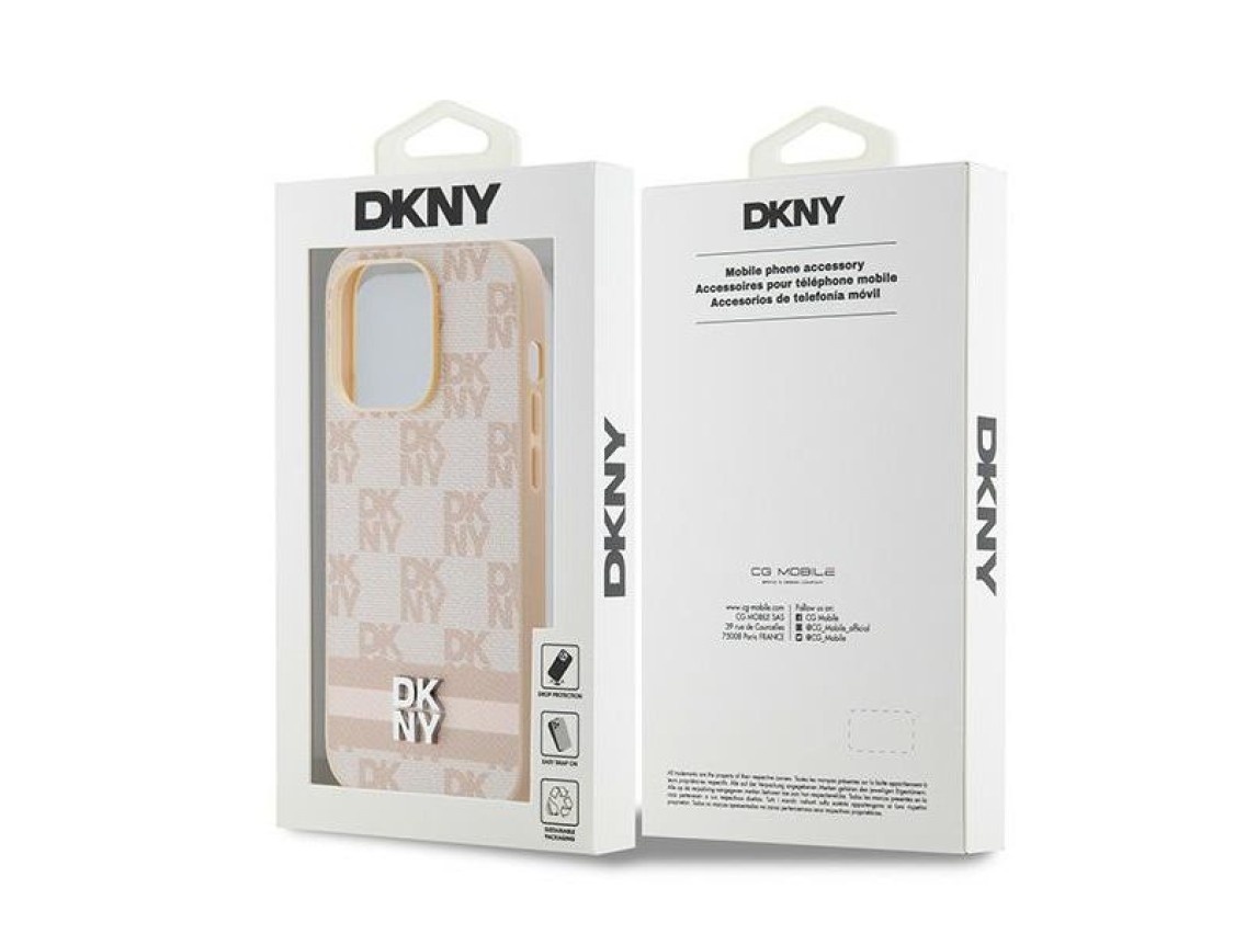 Capa DKNY em couro com estampa xadrez monocromática e listras para iPhone 14 Pro - rosa